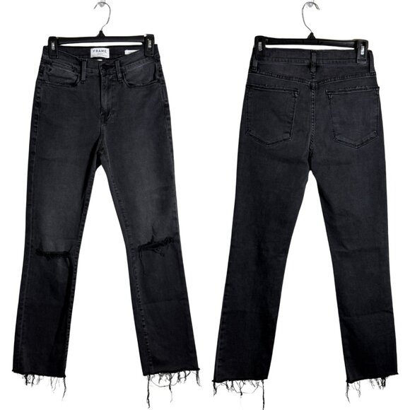 Frame Le High Straight Leg Denim Jeans Womens 26 Molony Black Distressed Raw Hem - Picture 3 of 16